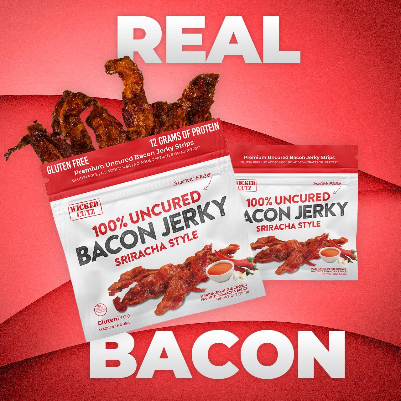 Wicked Cutz Sriracha Bacon Jerky glaze highlights heat and savor.