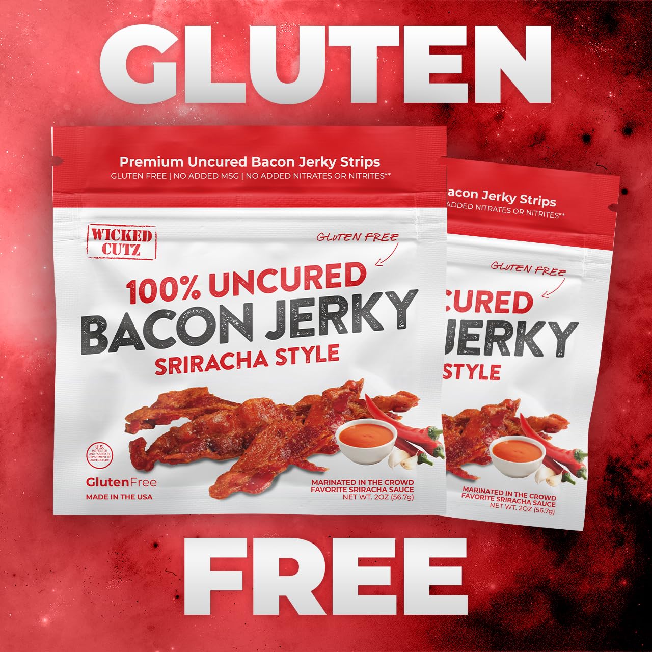 Wicked Cutz Sriracha Bacon Jerky gluten-free option for meals.