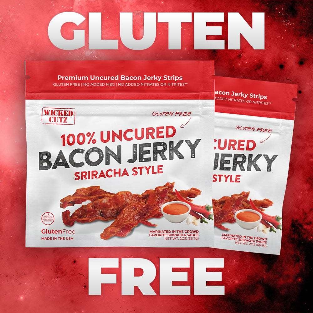 Wicked Cutz Sriracha Bacon Jerky gluten-free option for meals.