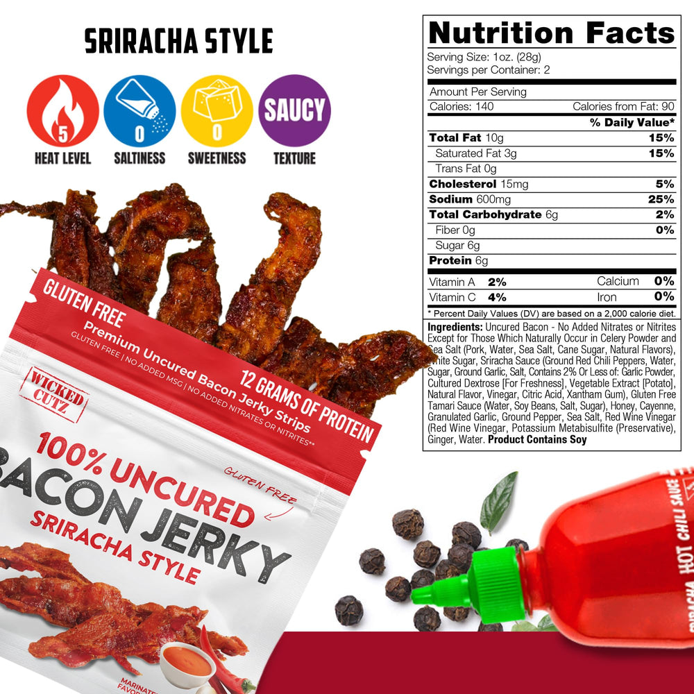 Wicked Cutz Sriracha Bacon Jerky close-up reveals tender, juicy bites.