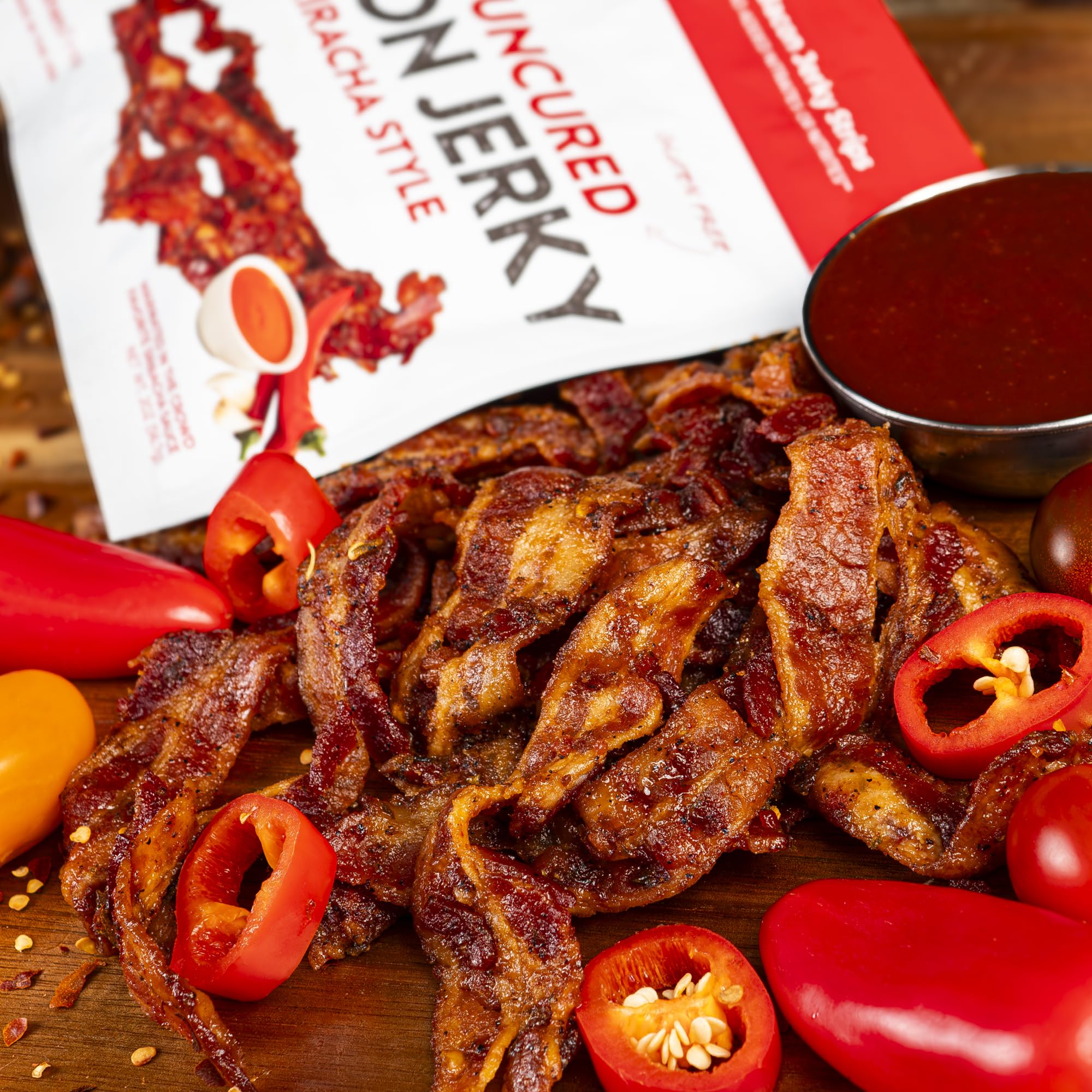 Wicked Cutz Sriracha Bacon Jerky USA made badge signals quality.
