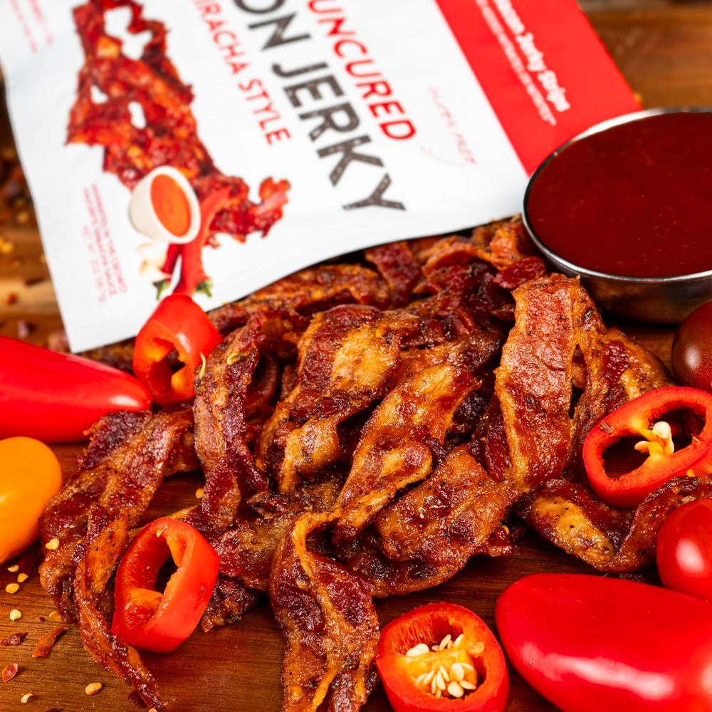 Wicked Cutz Sriracha Bacon Jerky USA made badge signals quality.