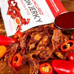 Wicked Cutz Sriracha Bacon Jerky USA made badge signals quality.