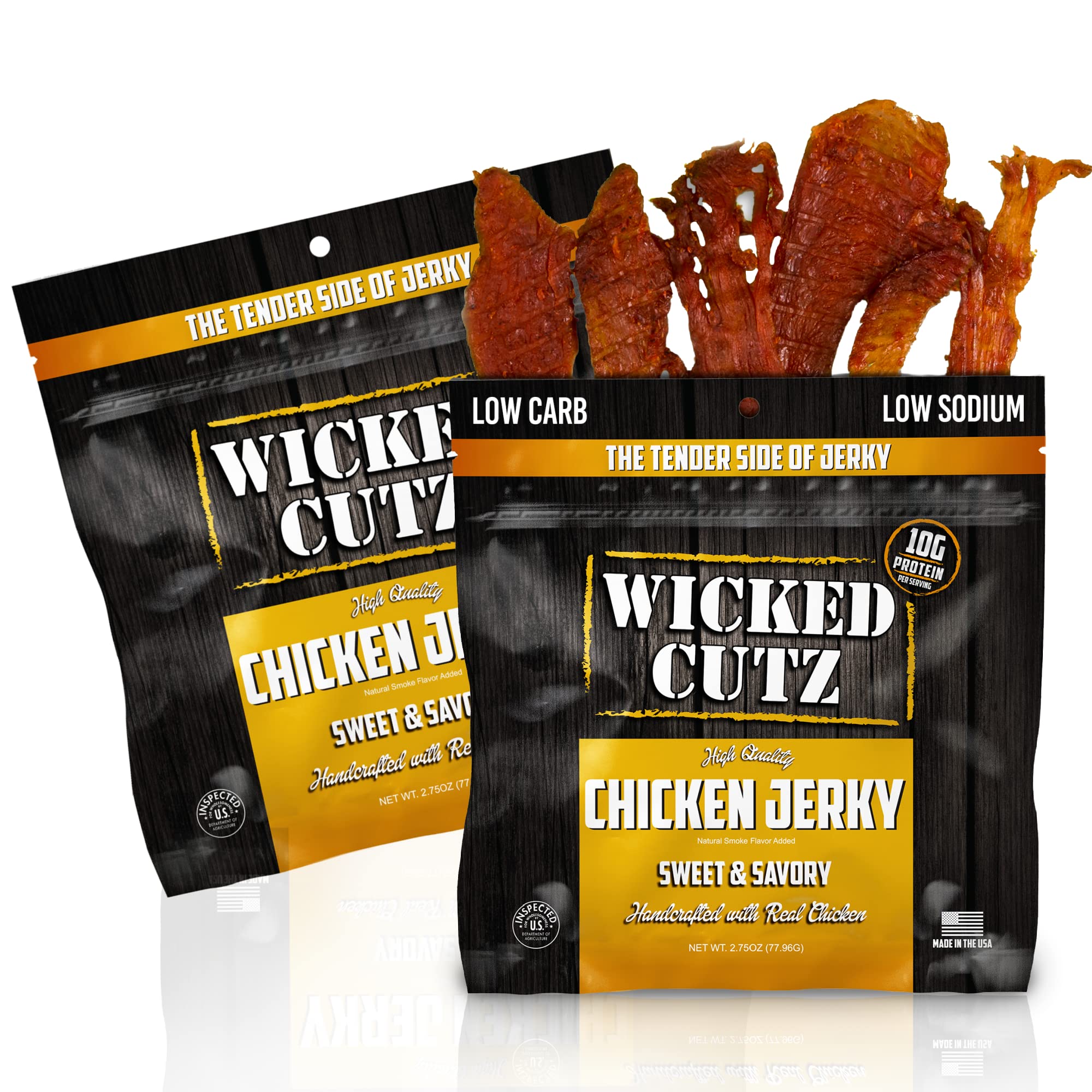 Wicked Cutz Sweet & Savory chicken jerky bag front, high-protein on-the-go snack.