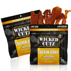 Wicked Cutz Sweet & Savory chicken jerky bag front, high-protein on-the-go snack.