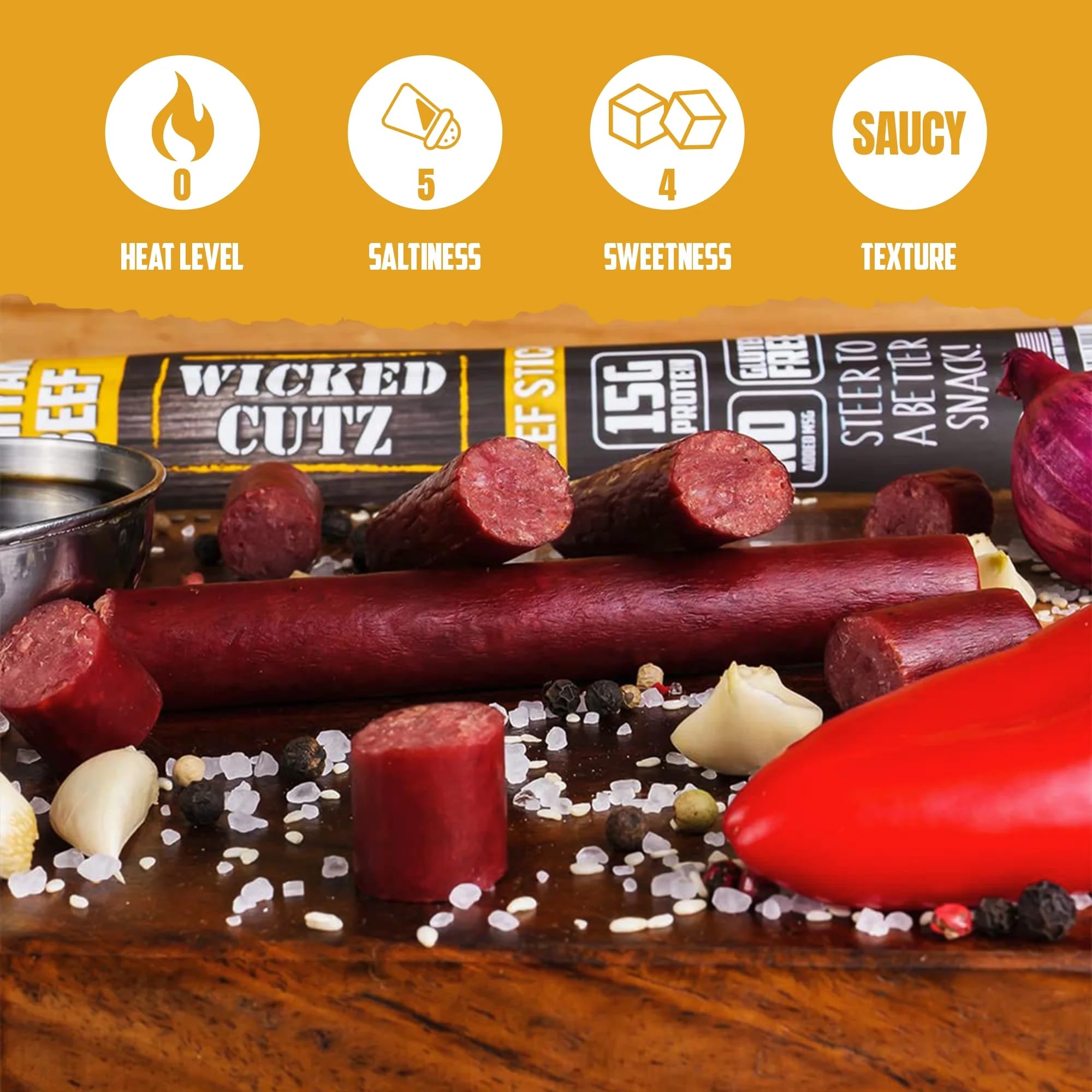 12-pack display of Wicked Cutz Teriyaki Beef Sticks on shelf