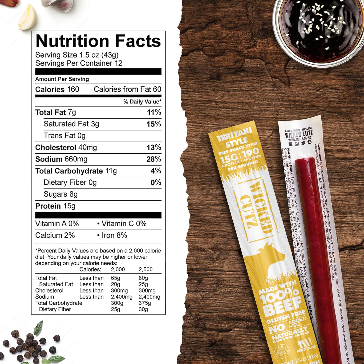 15g protein per Wicked Cutz Teriyaki Beef Stick for energy support