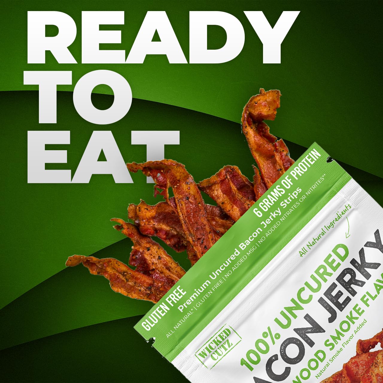 Wicked Cutz USA-made label on bacon jerky packaging emphasizing quality