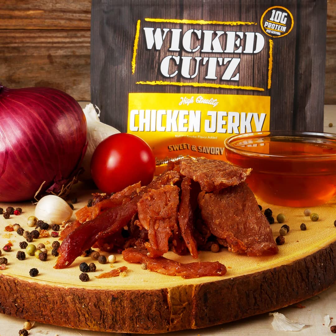 Wicked Cutz USA-made chicken jerky label highlights quality ingredients.