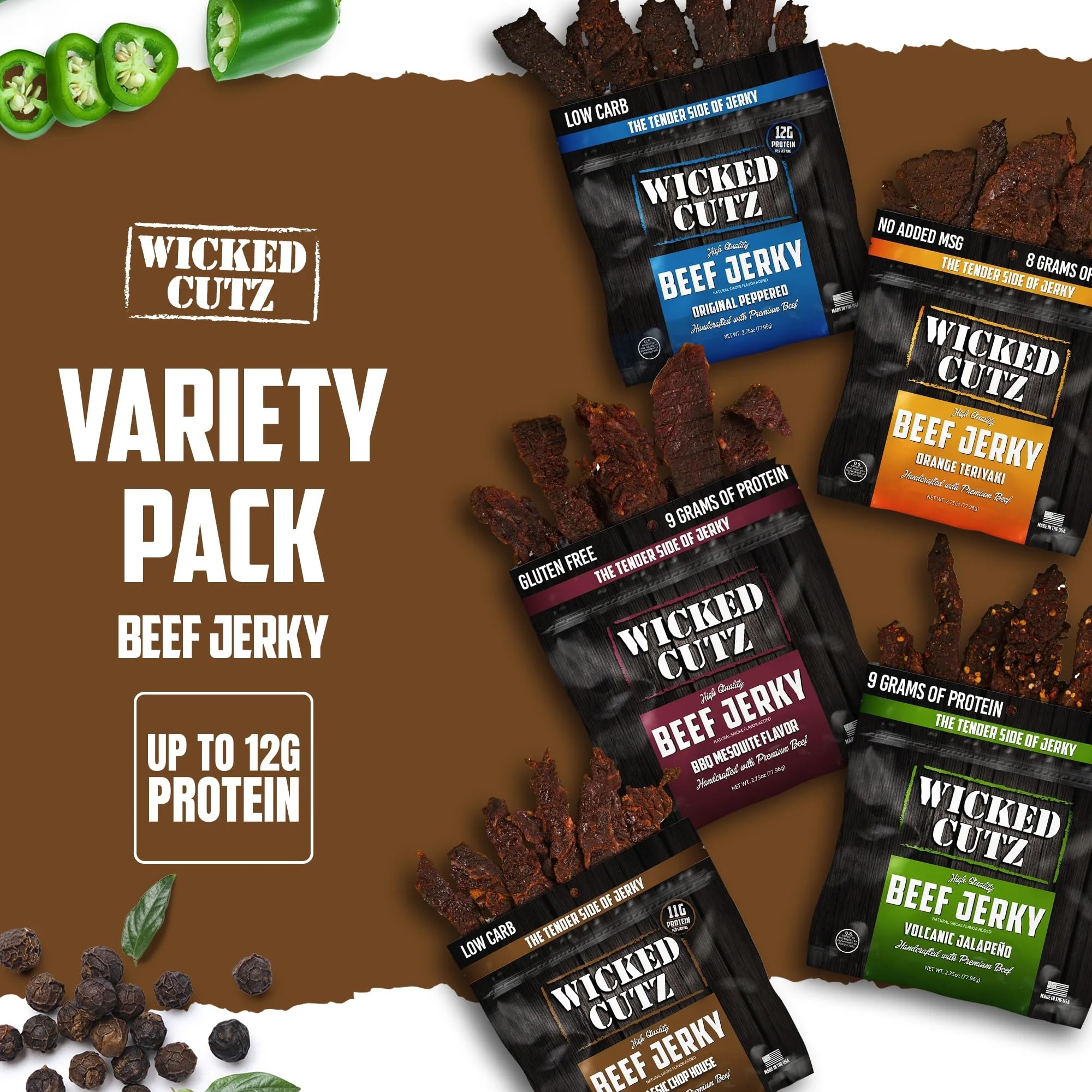 Wicked Cutz Volcanic Jalapeno beef jerky bag with spicy kick.