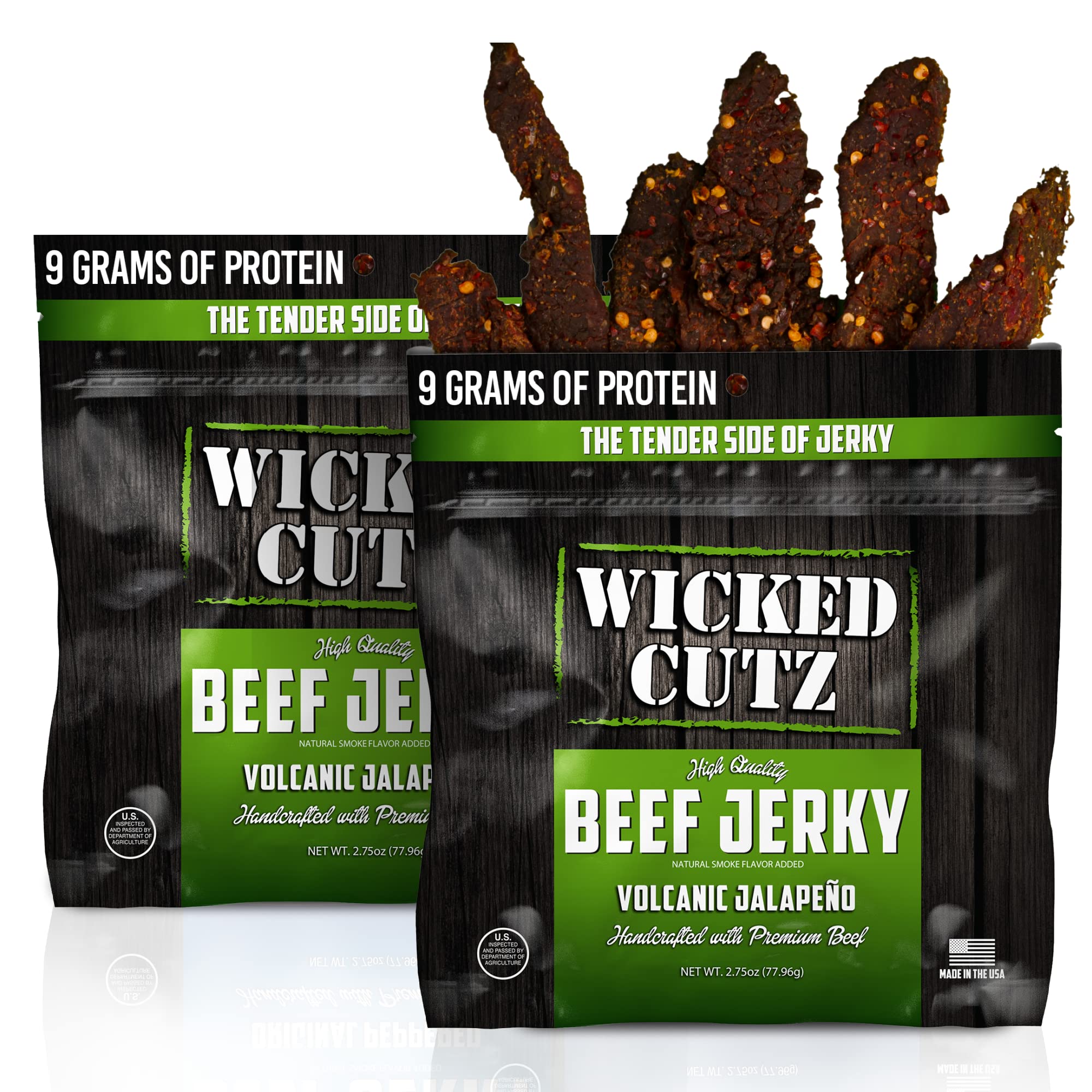 Wicked Cutz Volcanic Jalapeño jerky bag front for high-protein snack