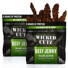 Wicked Cutz Volcanic Jalapeño jerky bag front for high-protein snack