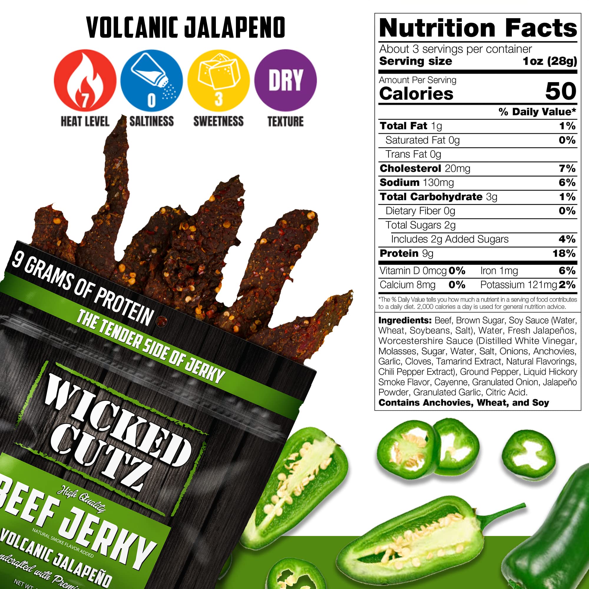 Wicked Cutz Volcanic Jalapeño jerky texture close-up shows tender and juicy bite