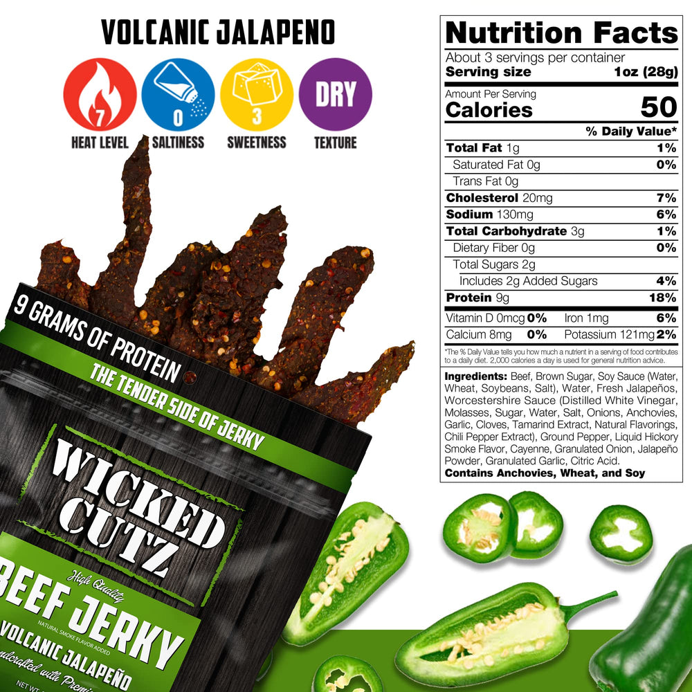 Wicked Cutz Volcanic Jalapeño jerky texture close-up shows tender and juicy bite