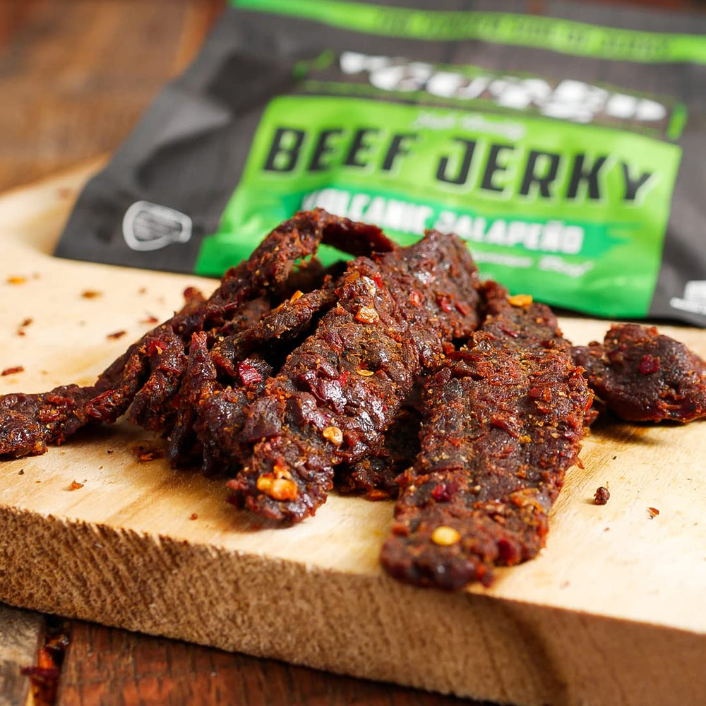 Wicked Cutz Volcanic Jalapeño jerky serving plate ready to eat