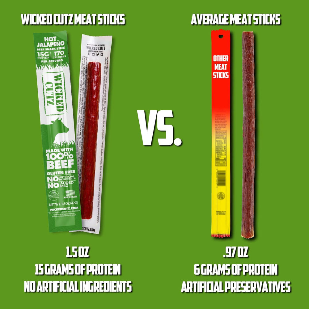 Wicked Cutz Volcanic Jalapeno beef stick with jalapeno slices boosts bold flavor.