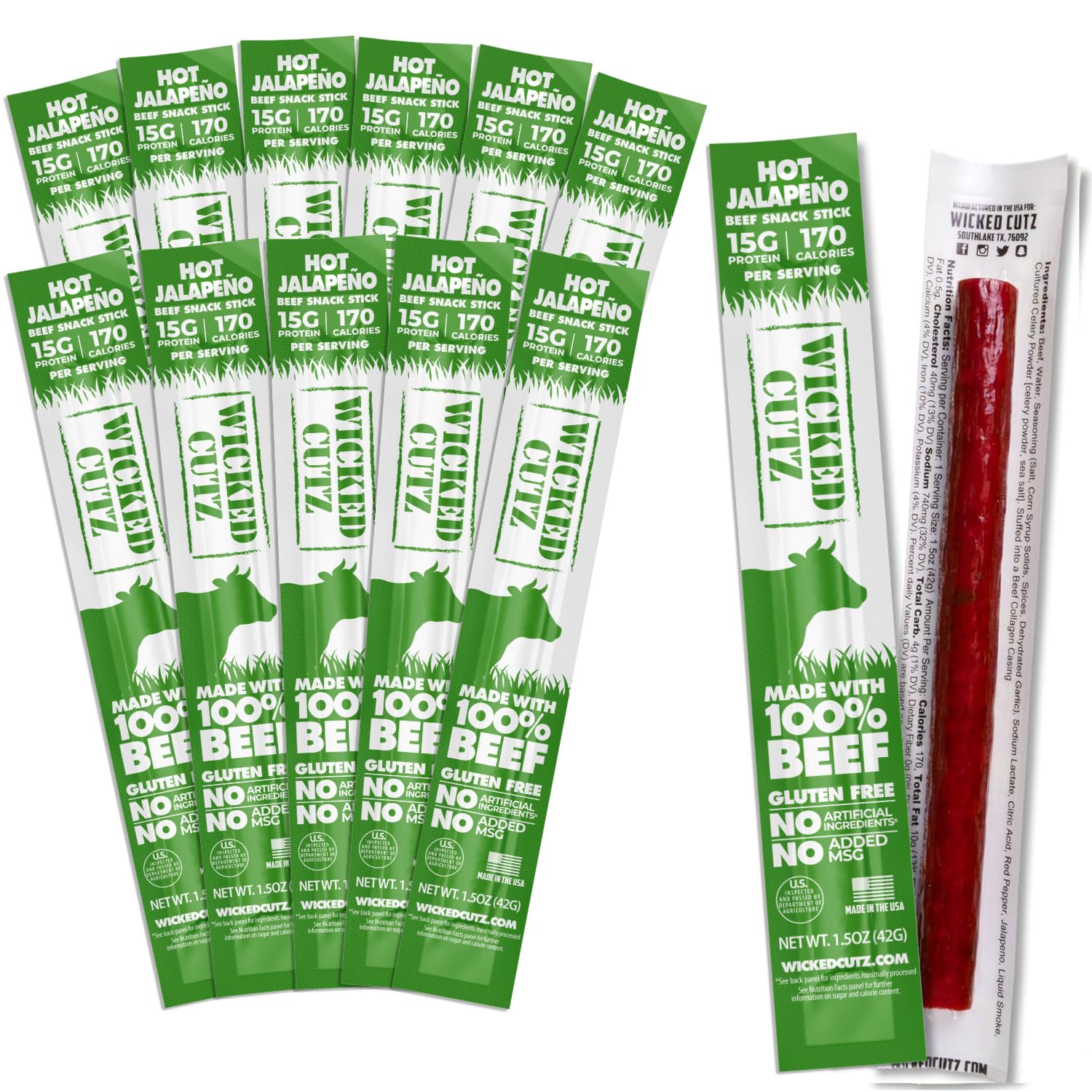 Wicked Cutz Volcanic Jalapeno beef stick packaging shows a gluten-free protein snack option.