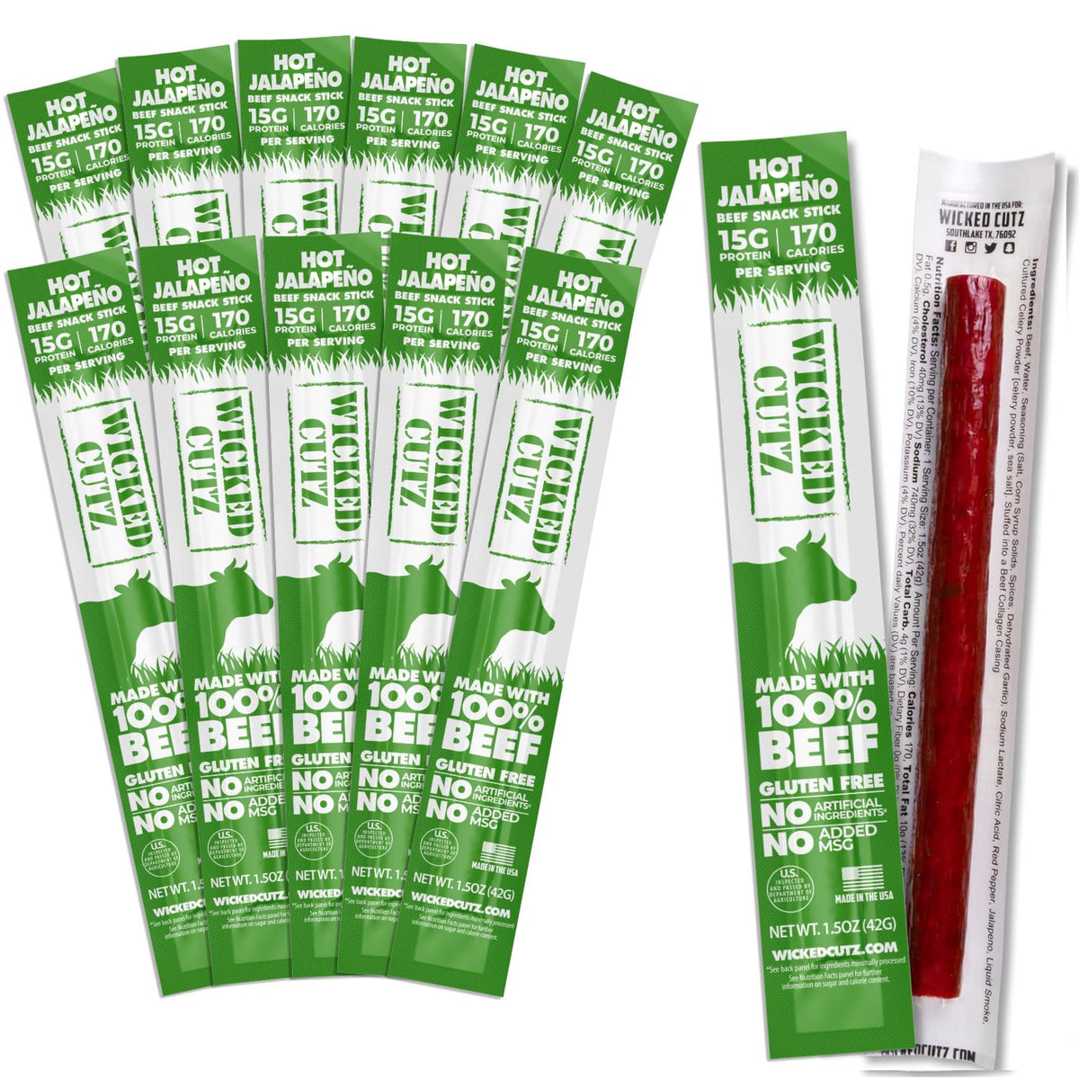 Wicked Cutz Volcanic Jalapeno beef stick packaging shows a gluten-free protein snack option.