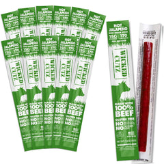 Wicked Cutz Volcanic Jalapeno beef stick packaging shows a gluten-free protein snack option.