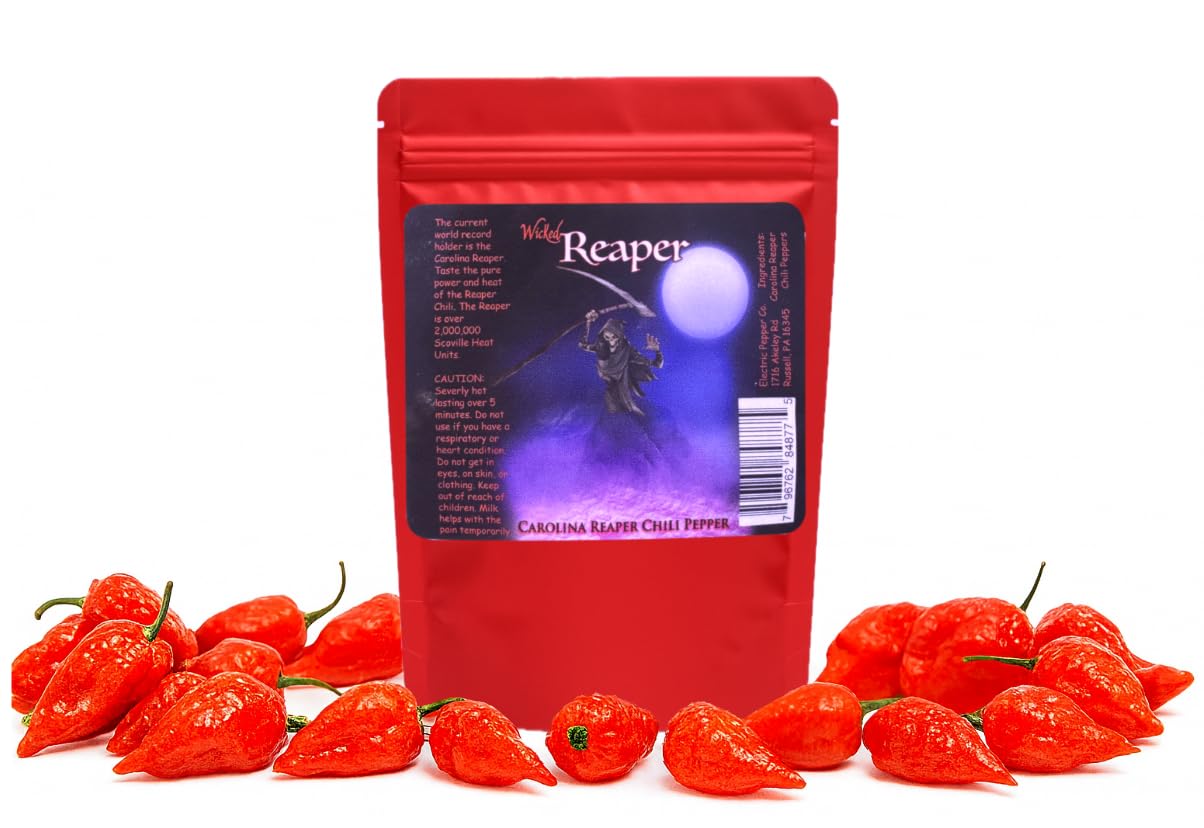 Wicked Reaper Carolina Reaper pods closeup sheen, vibrant color for spice lovers.