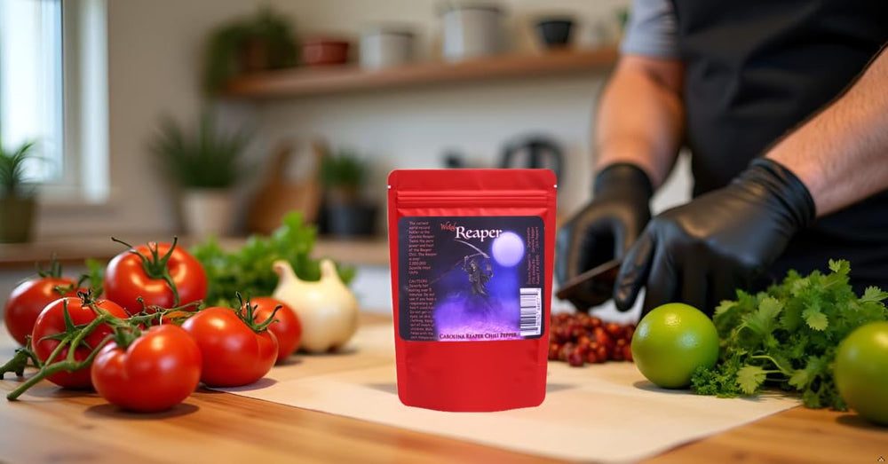 Wicked Reaper Carolina Reaper pods on shelf, ready for spice enthusiasts.