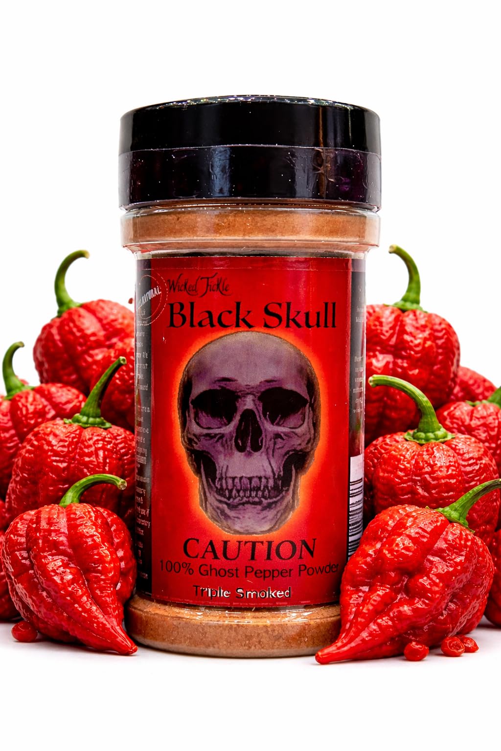 Wicked Tickle Black Skull smoked ghost pepper powder bottle showing bold heat and smoky aroma.