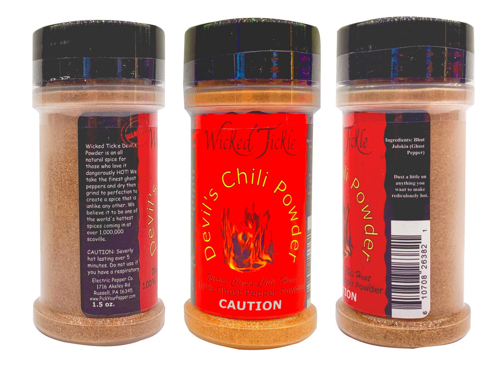 Wicked Tickle Ghost Pepper Powder in a chili bowl for intense heat
