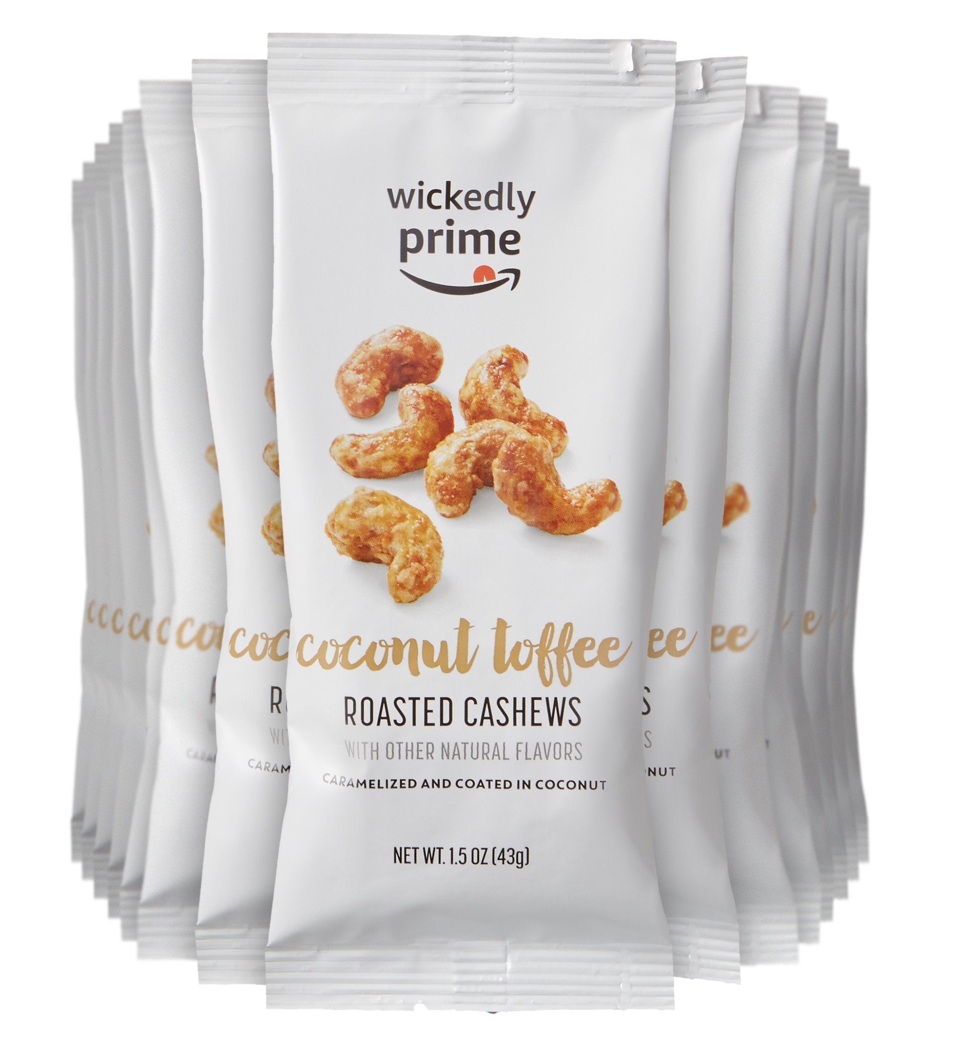 Wickedly Prime roasted cashews with coconut toffee in a snack-pack for grab-and-go snacking.