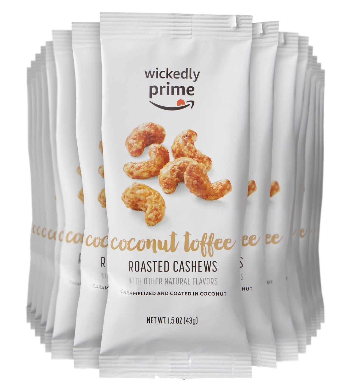 Wickedly Prime roasted cashews with coconut toffee in a snack-pack for grab-and-go snacking.