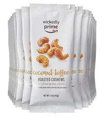 Wickedly Prime roasted cashews with coconut toffee in a snack-pack for grab-and-go snacking.