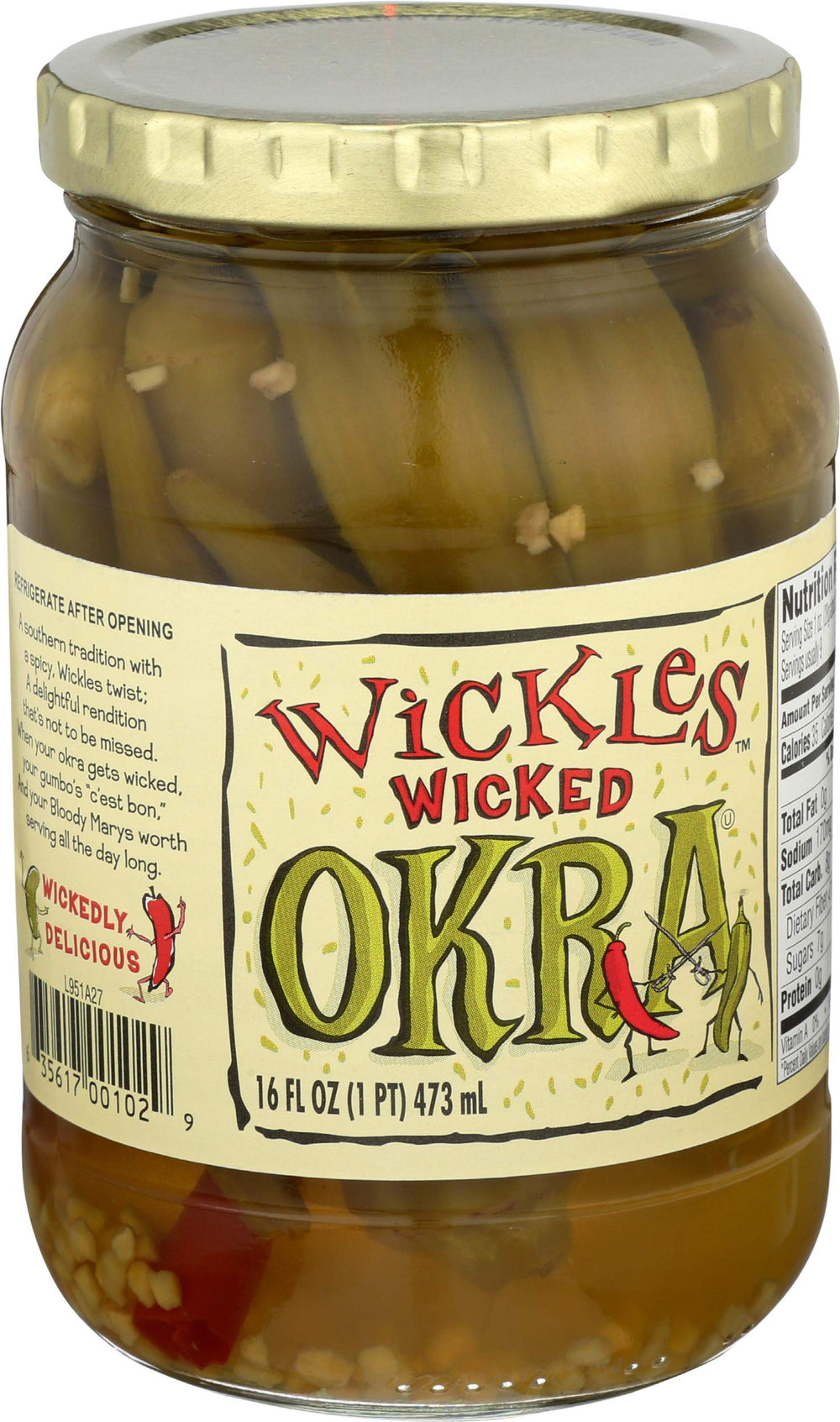 Back label of Wickles Okra Wicked with ingredients