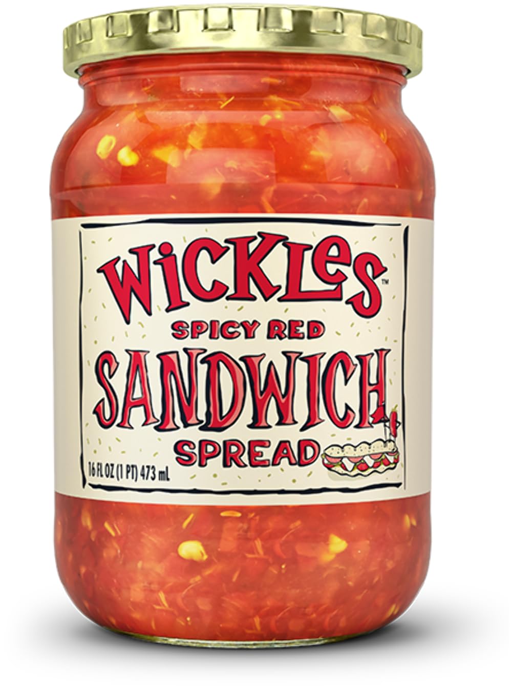 Wickles Spicy Red Sandwich Spread jar enhancing sandwiches with bold heat.