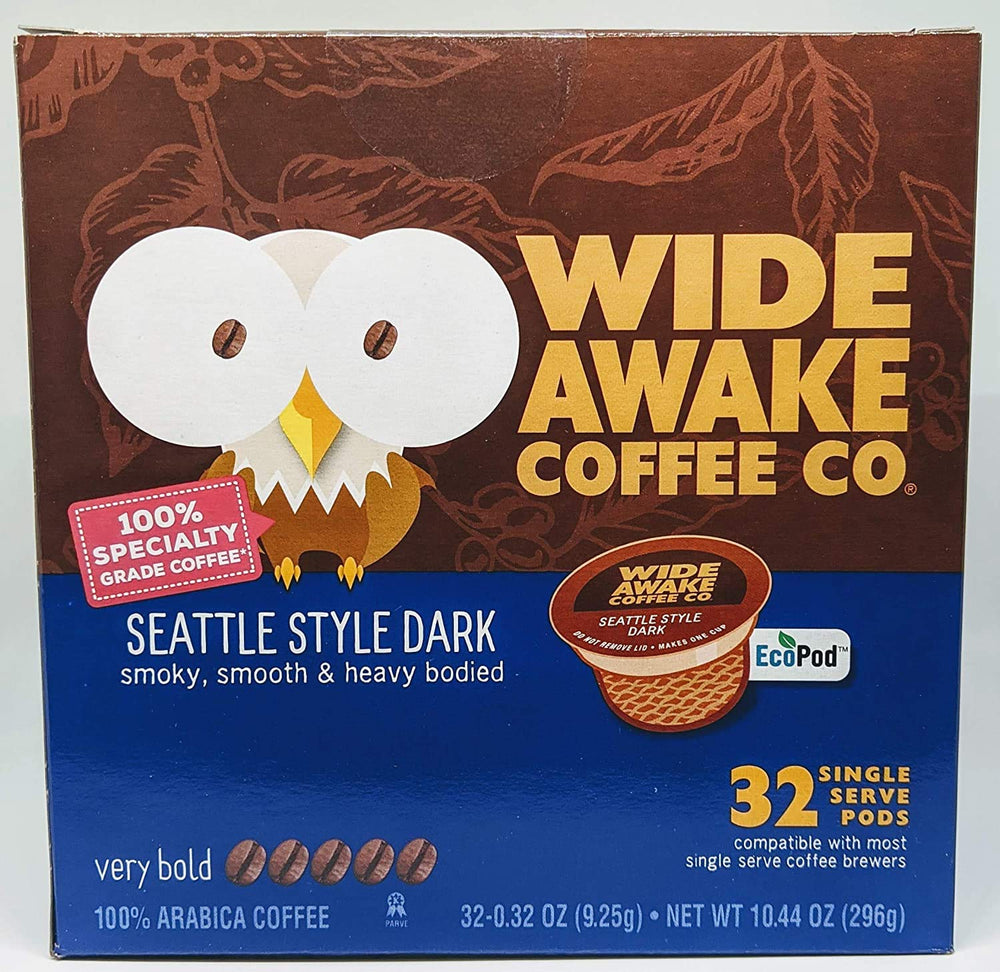 Wide Awake Coffee Seattle Style Dark single-serve cups in a 32-count box for bold morning brews.