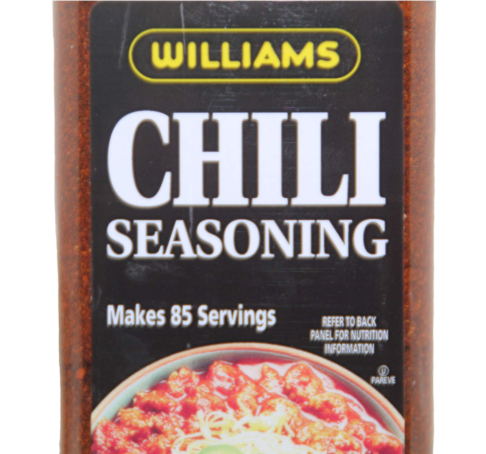 Wiiliams Chili Seasoning Mix closeup shows ground peppers and rich color