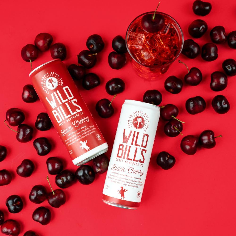 A vintage glass with Wild Bill's Black Cherry Soda and bubbles
