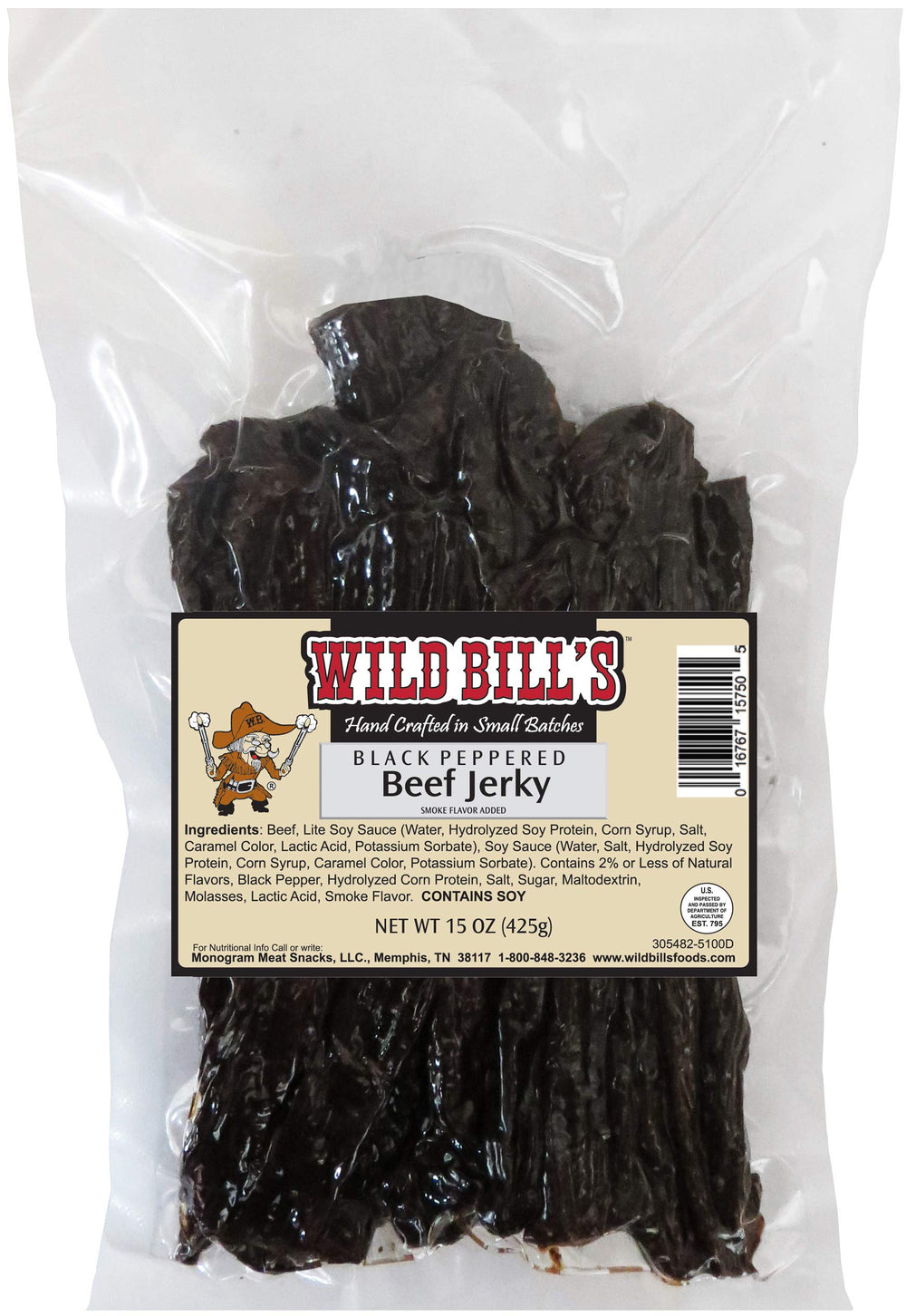 Wild Bill's Black Peppered Jerky Strips in a 15 oz bag; smoky, savory protein.