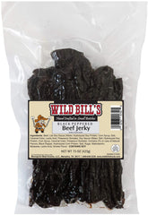 Wild Bill's Black Peppered Jerky Strips in a 15 oz bag; smoky, savory protein.