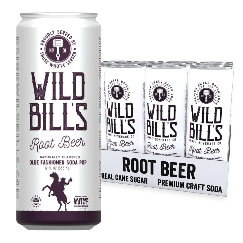 Wild Bill's Classic Root Beer bottle label highlighting authentic craft with cane sugar.