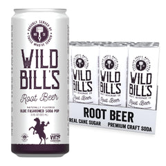 Wild Bill's Classic Root Beer bottle label highlighting authentic craft with cane sugar.