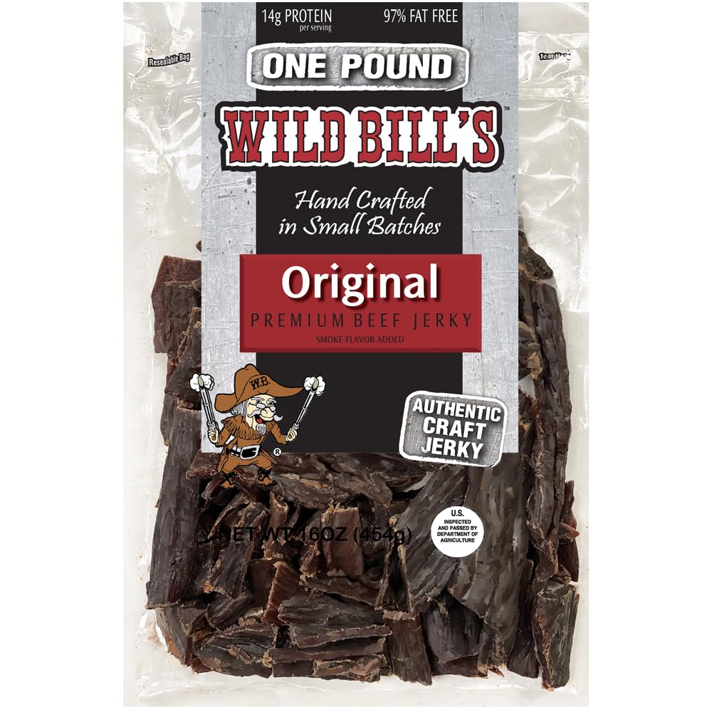 Wild Bill's Hickory Smoked Beef Jerky Pieces in 16oz pack, ready for on-the-go snacking.