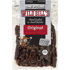 Wild Bill's Hickory Smoked Beef Jerky Pieces in 16oz pack, ready for on-the-go snacking.