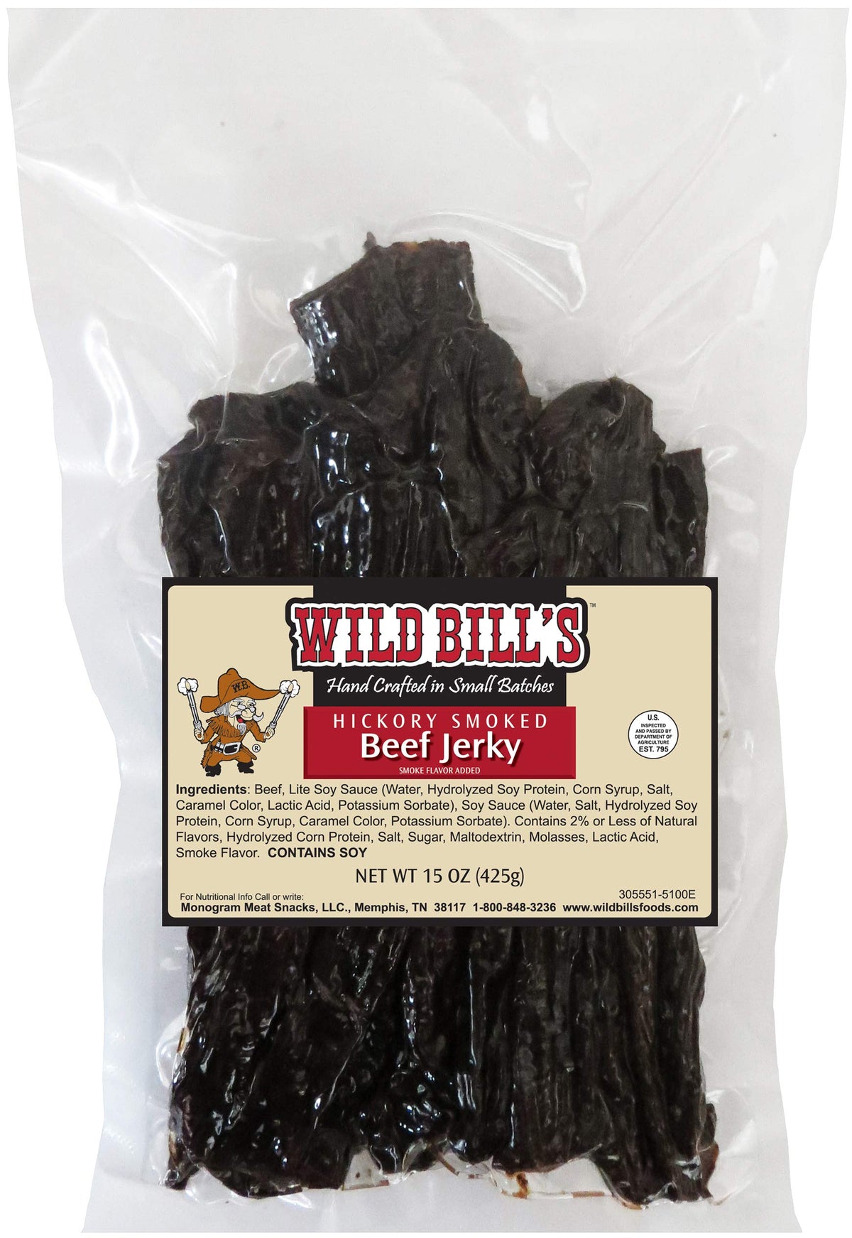 Wild Bill's Hickory Smoked Beef Jerky Strips packaging, premium US beef for a protein-rich snack.