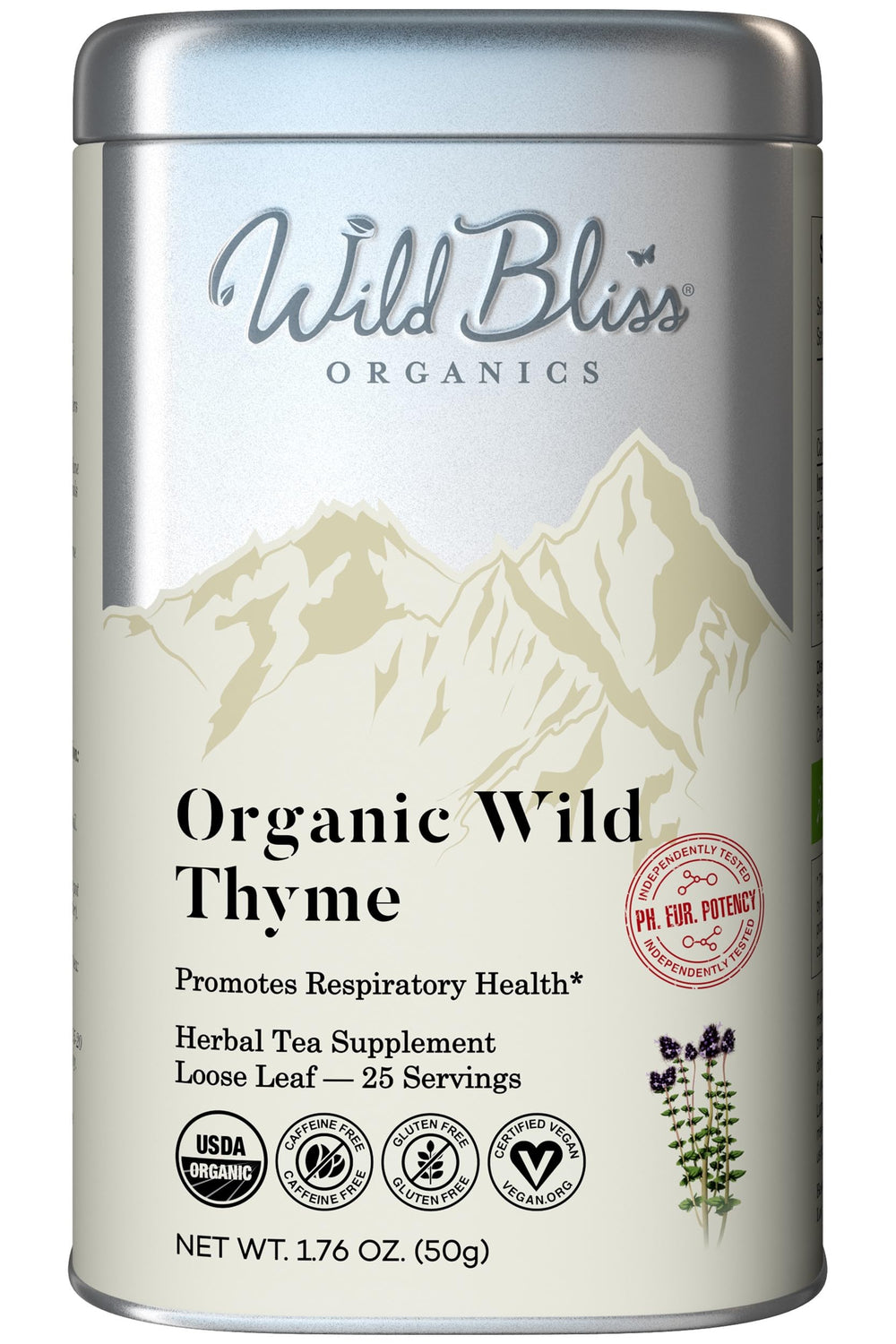 Wild Bliss Breckland thyme tea pack highlights organic, caffeine-free herbal blend for anytime sipping.
