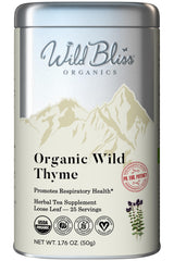 Wild Bliss Breckland thyme tea pack highlights organic, caffeine-free herbal blend for anytime sipping.
