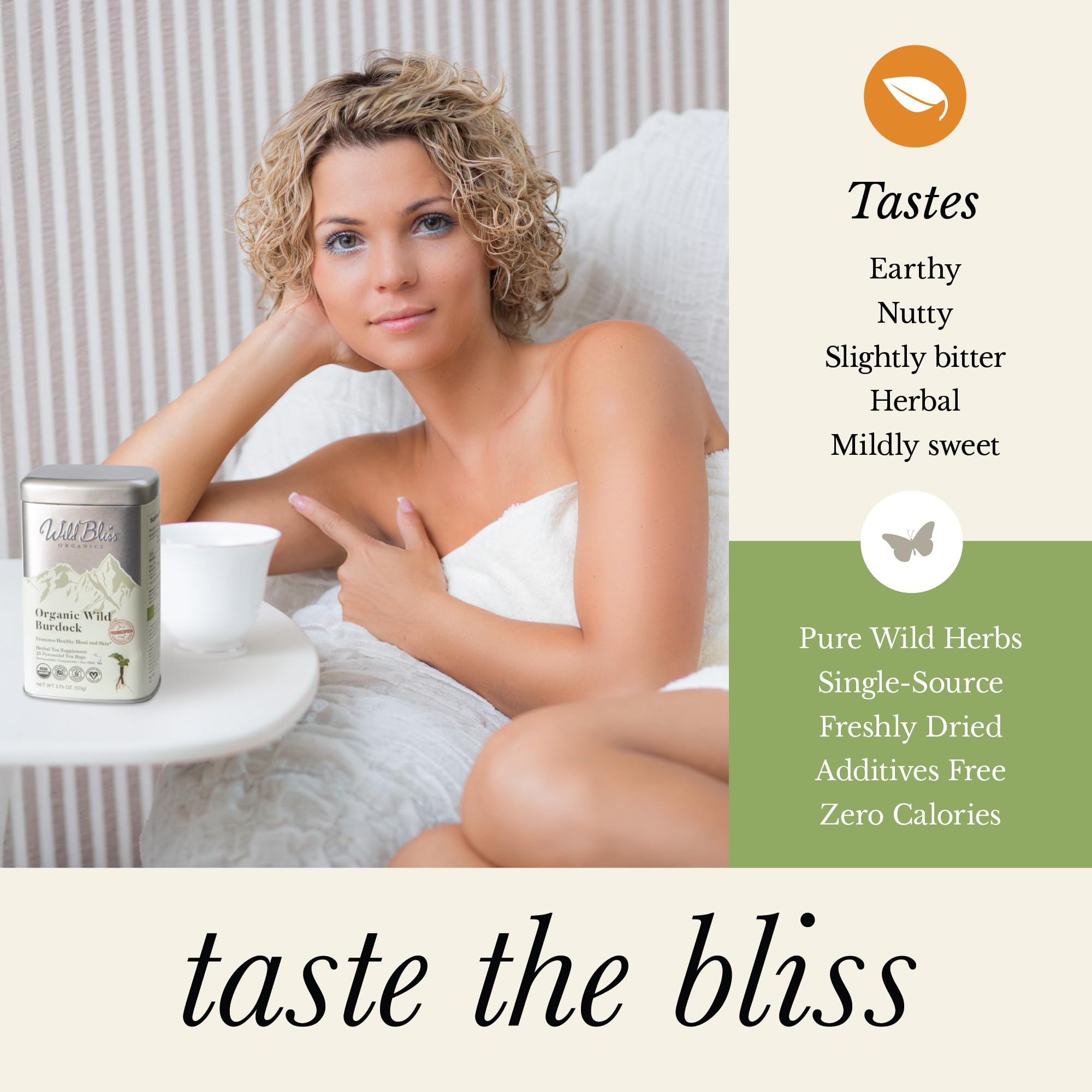 Wild Bliss Burdock Root ingredients dried showcase natural plant constituents for infusion.