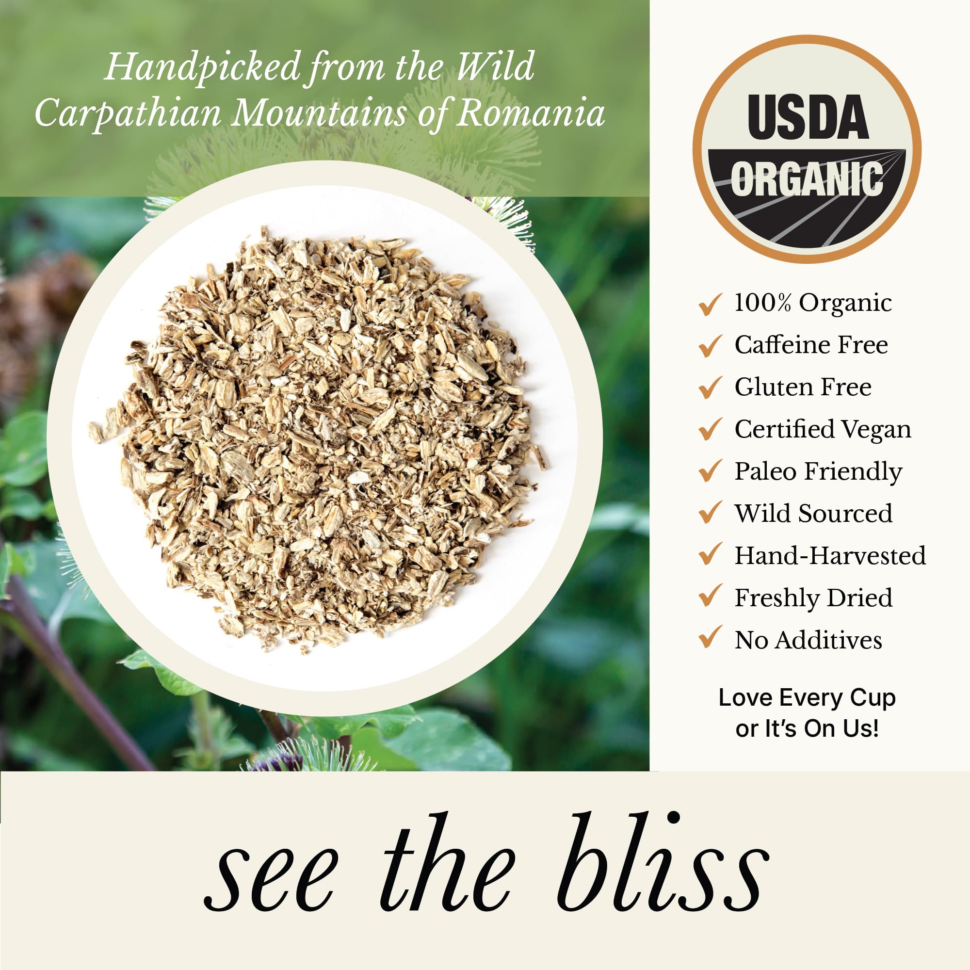 Wild Bliss Burdock Root Tea bag brew offers a convenient caffeine-free cup.