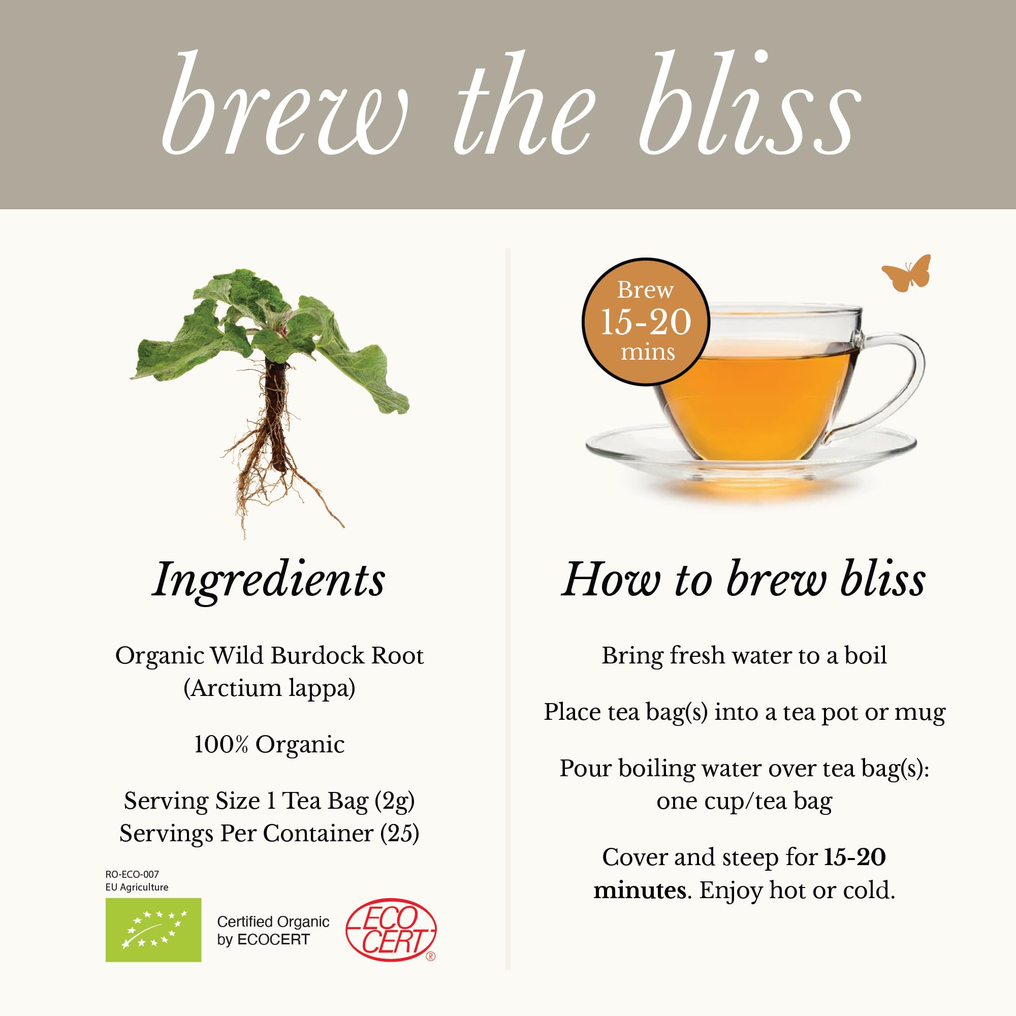 Wild Bliss Burdock Root Tea cup steaming releases warm aroma and comfort.