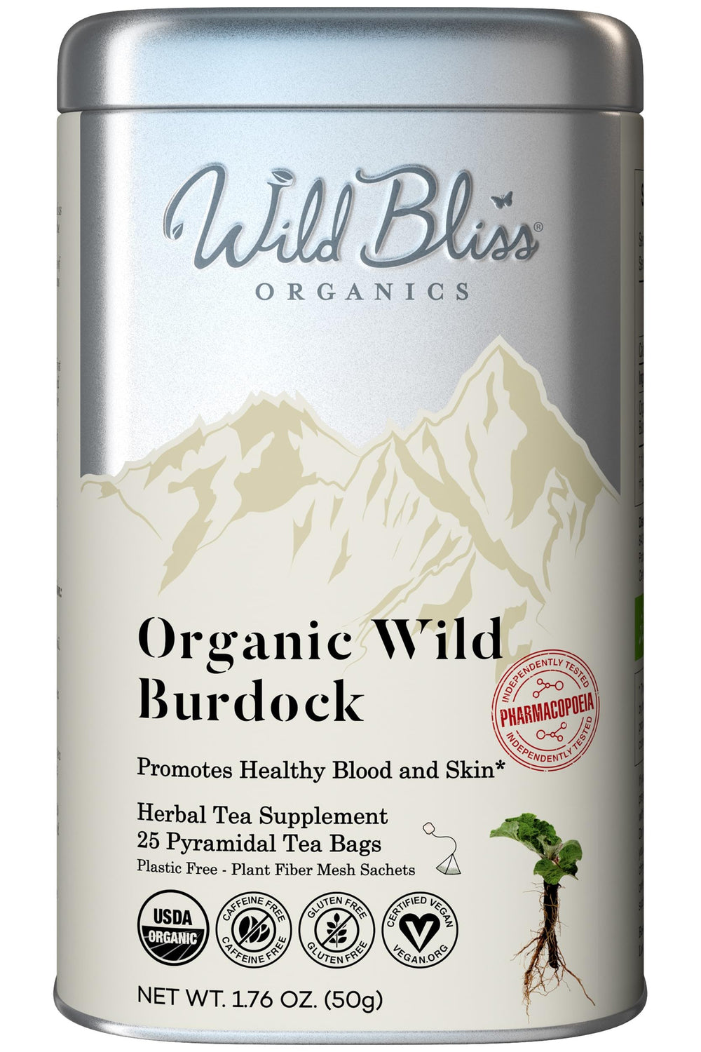 Wild Bliss Burdock Root Tea packaging highlights organic, single-origin quality and sustainability.