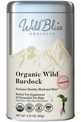 Wild Bliss Burdock Root Tea packaging highlights organic, single-origin quality and sustainability.