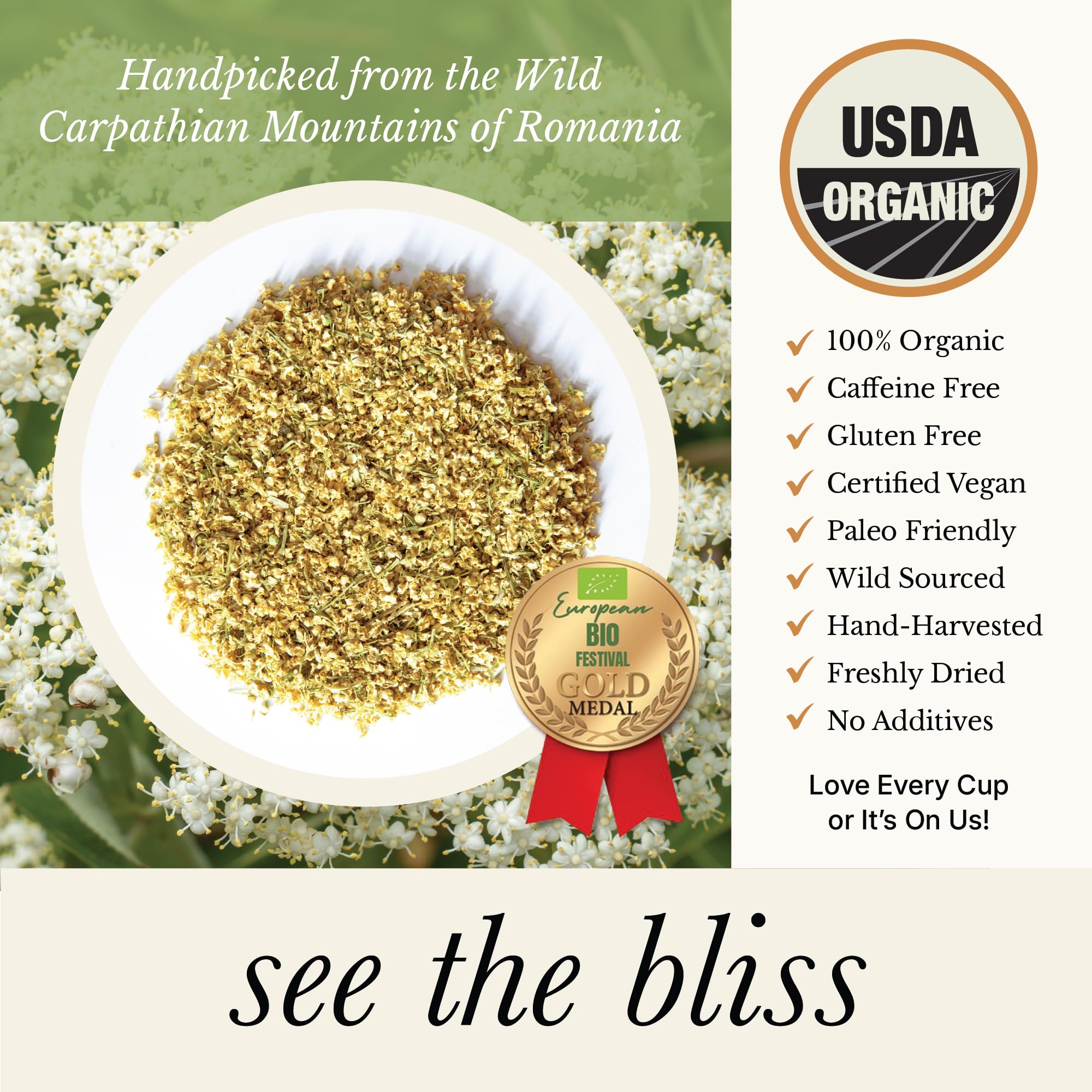 Wild Bliss Elderflower Tea brewed cup releases warm aroma and soothing flavor.